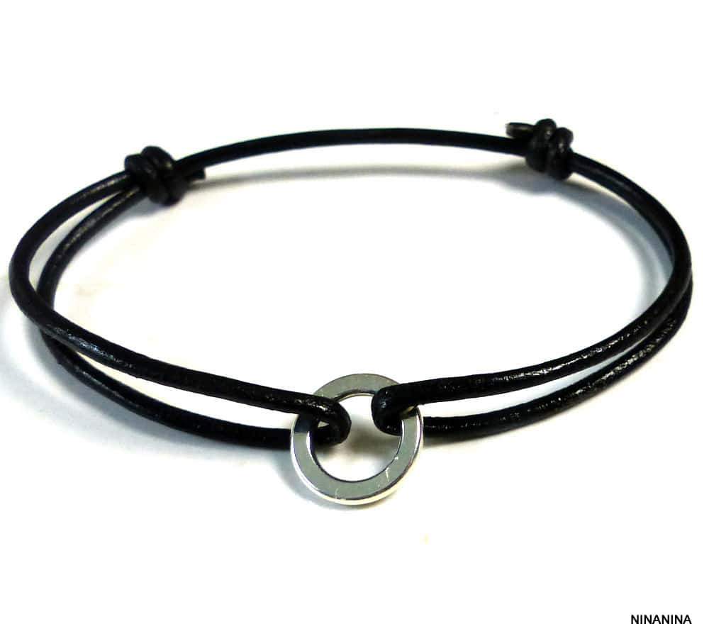 Bracelet homme cordon anneau plaqué Argent
