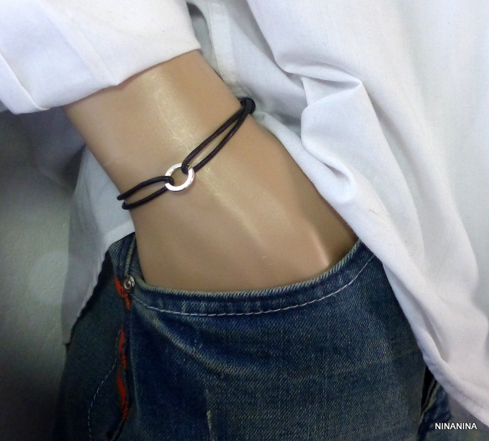 Bracelet homme cordon anneau plaqué Argent – Image 19