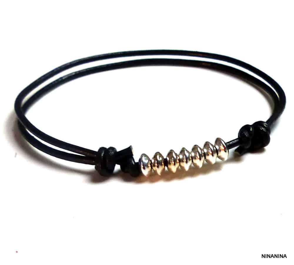 Bracelet cordon fil cuir perles Argent 925 massif