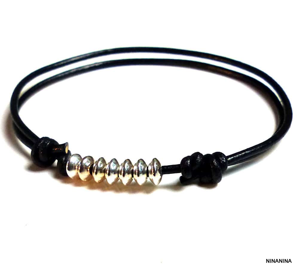 Bracelet cordon fil cuir perles Argent 925 massif – Image 2