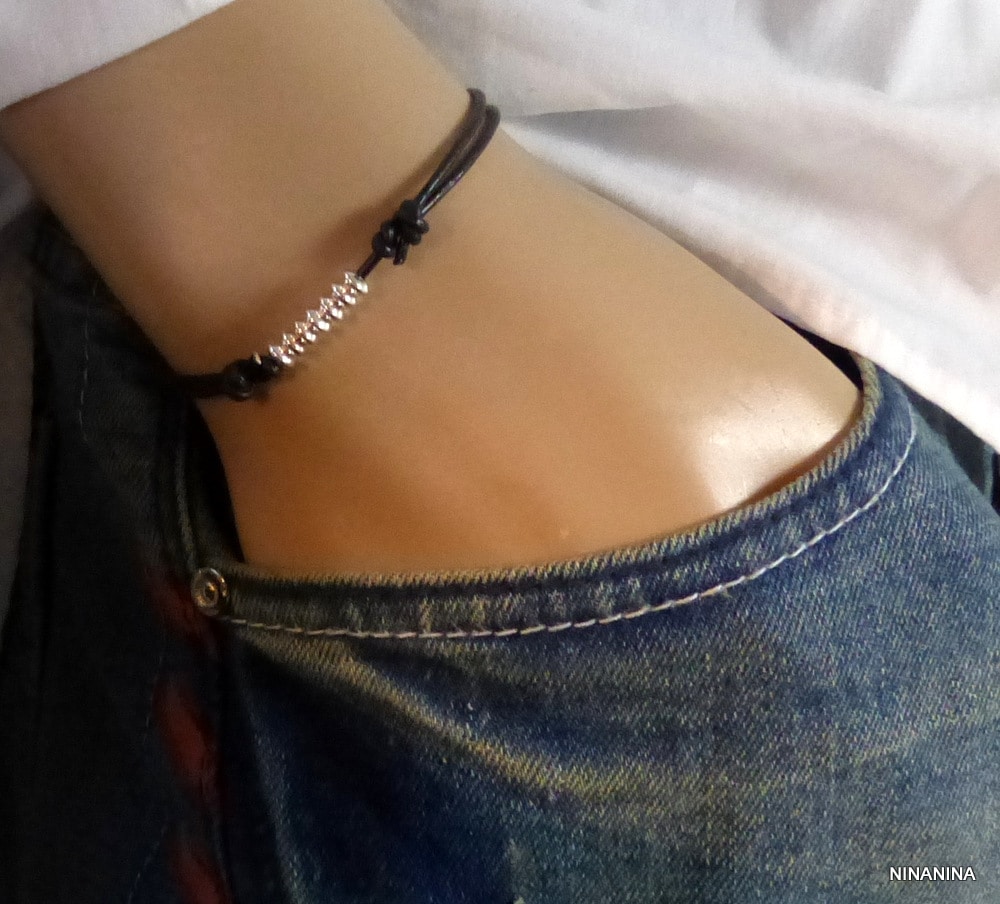 Bracelet cordon fil cuir perles Argent 925 massif – Image 4