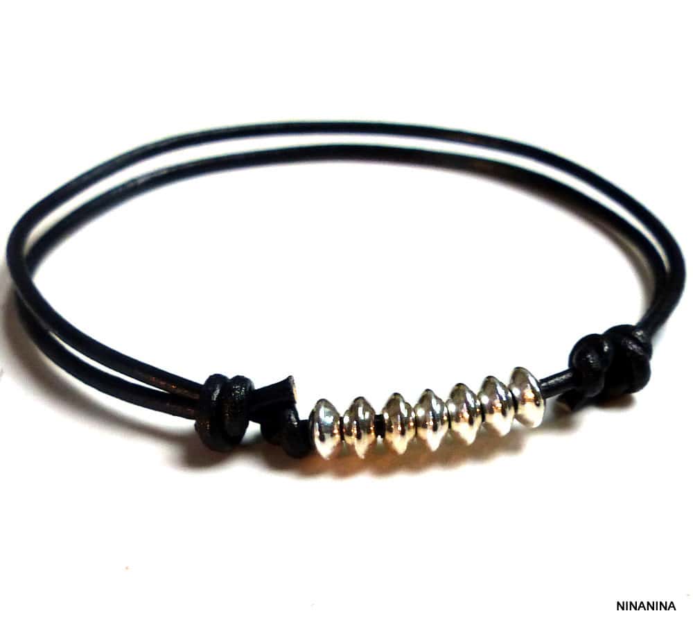 Bracelet cordon fil cuir perles Argent 925 massif – Image 5