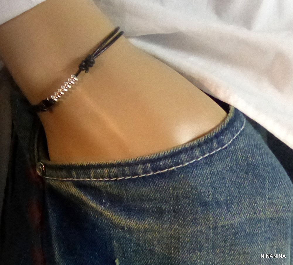 Bracelet cordon fil cuir perles Argent 925 massif – Image 6