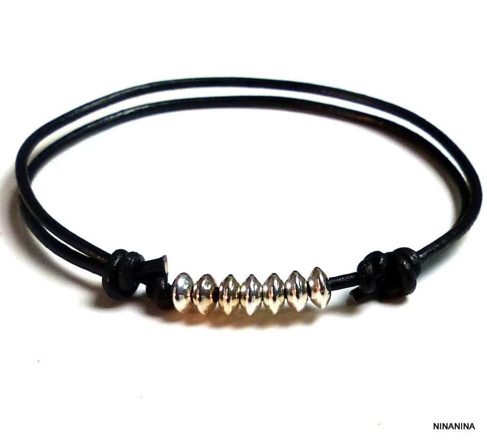 Bracelet cordon fil cuir perles Argent 925 massif – Image 7