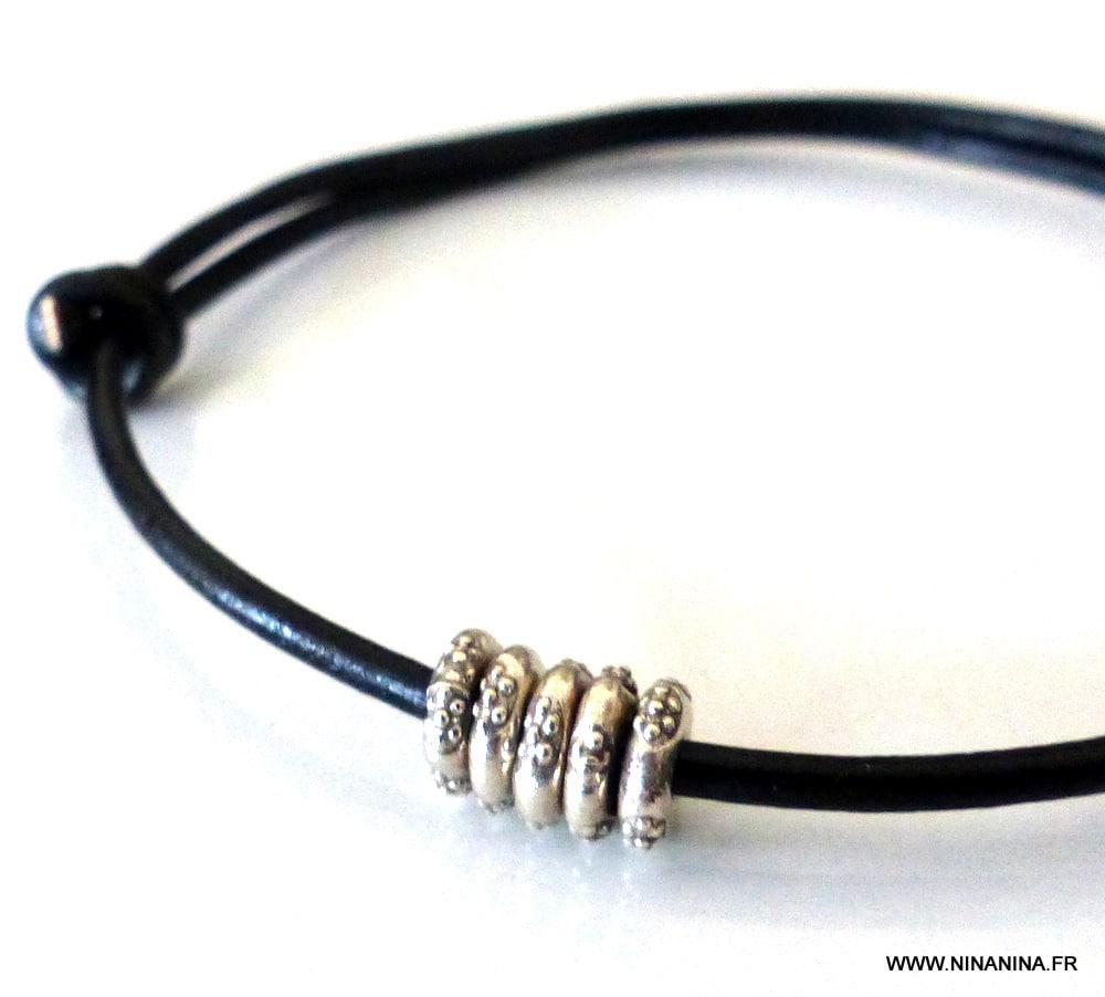 Bracelet cordon cuir disques Argent 925 massif
