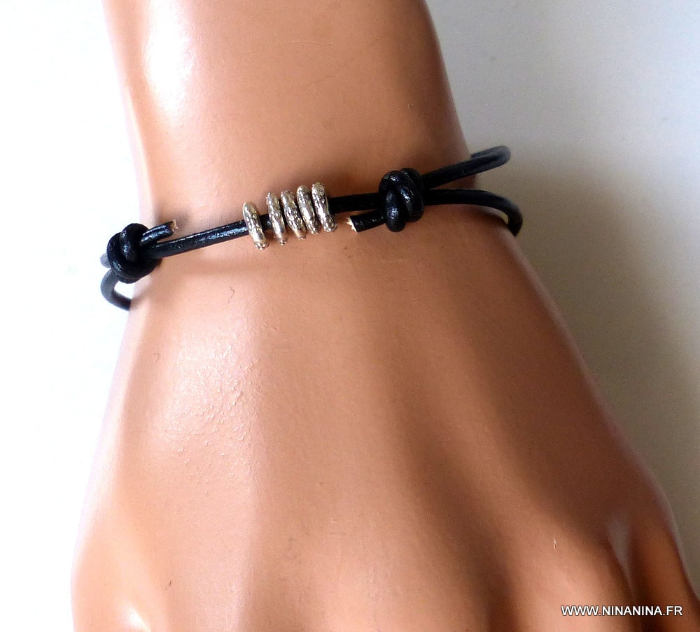 Bracelet cordon cuir disques Argent 925 massif – Image 2
