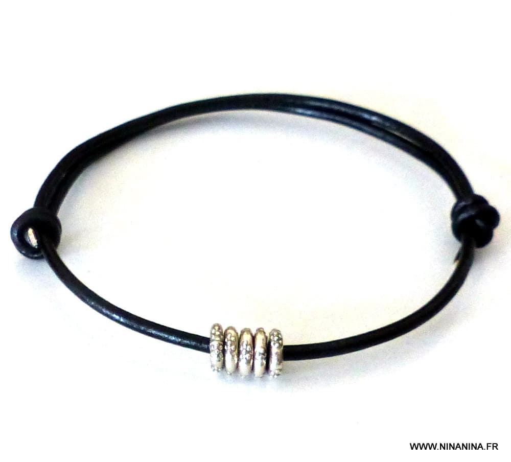 Bracelet cordon cuir disques Argent 925 massif – Image 16