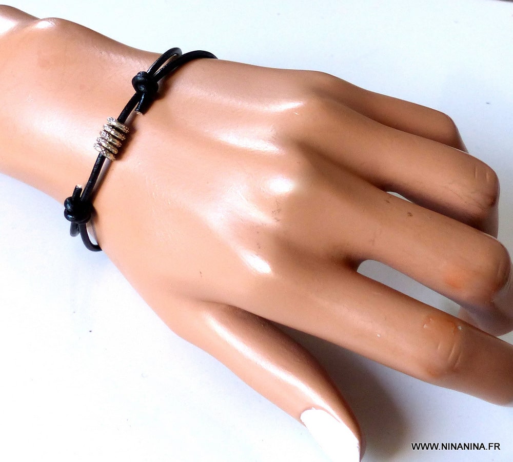 Bracelet cordon cuir disques Argent 925 massif – Image 18