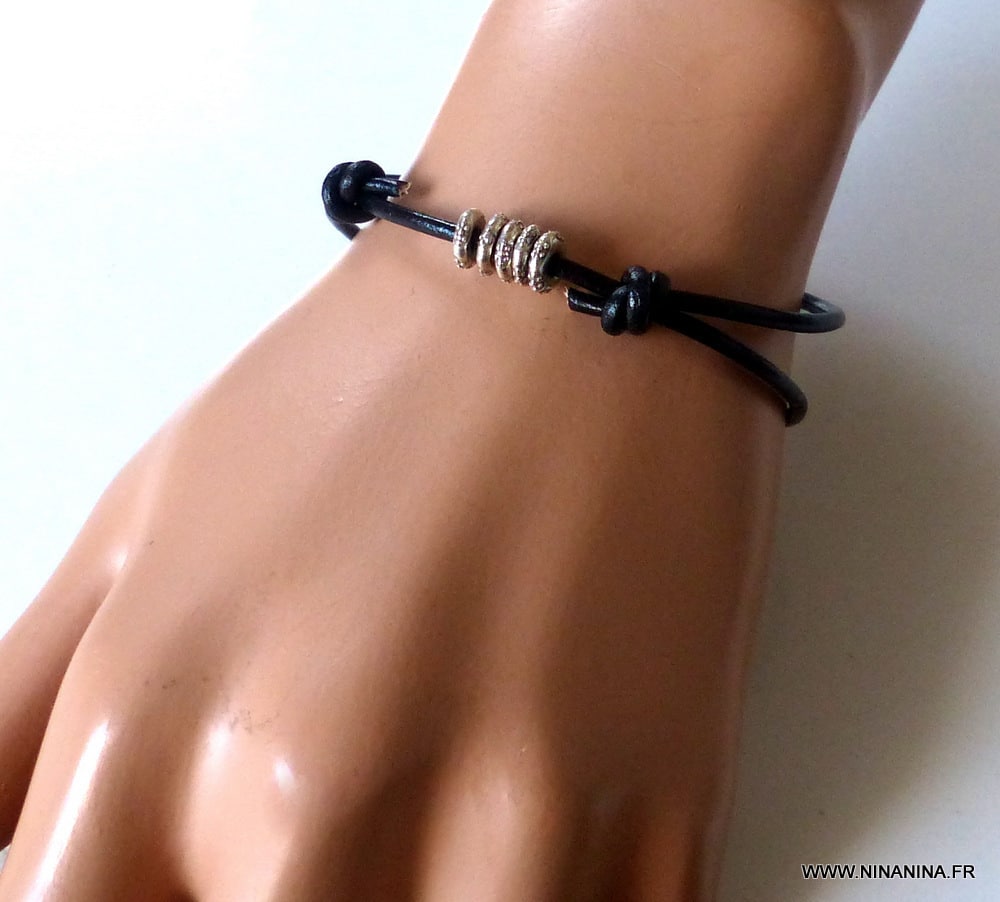 Bracelet cordon cuir disques Argent 925 massif – Image 20