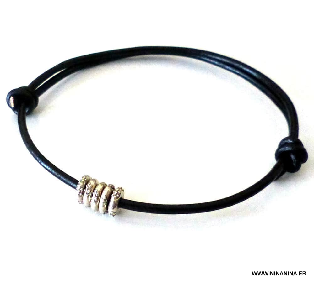 Bracelet cordon cuir disques Argent 925 massif – Image 22