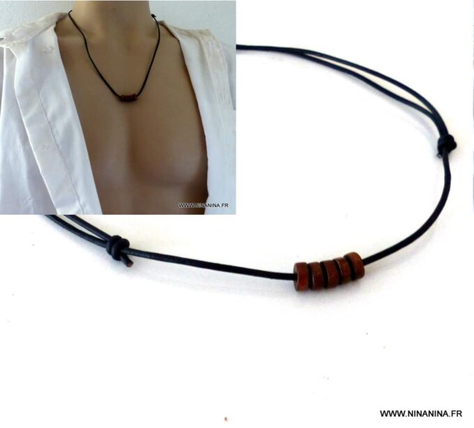 N2280H_Collier_homme_cordon_cuir_rondelles_de_bois_-_Bijoux_Colliers_en_ligne_NINANINA