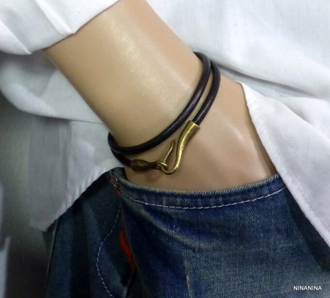 N2285a_Bracelet_homme_cordon_cuir_fermoir_crochet_metal_bronze