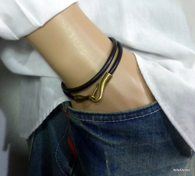 N2285d_Bracelet_homme_cordon_cuir_fermoir_crochet_metal_bronze