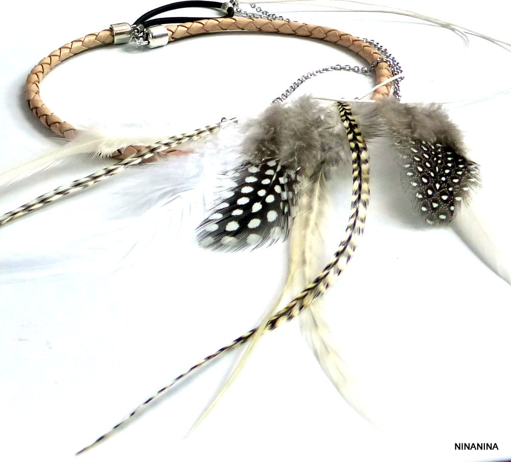 Headband Boheme Chic Cordon Cuir Tressé Et Plumes Naturelles – Image 2