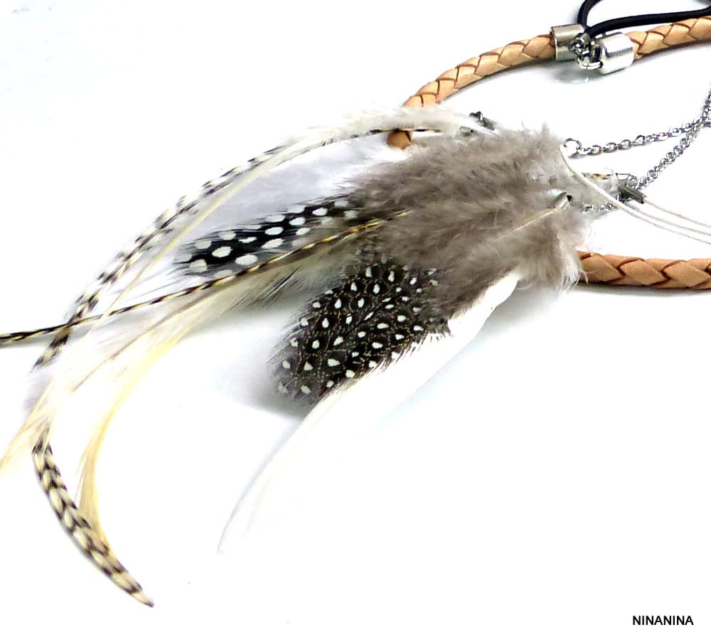 Headband Boheme Chic Cordon Cuir Tressé Et Plumes Naturelles – Image 4