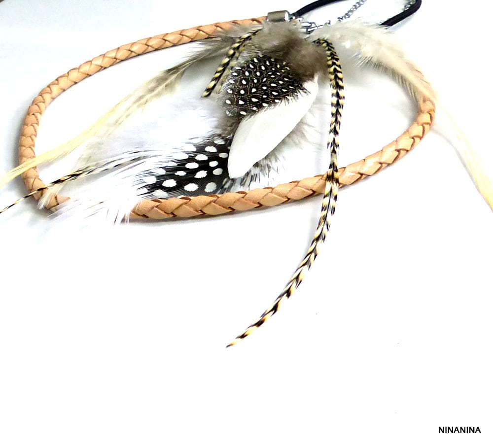 Headband Boheme Chic Cordon Cuir Tressé Et Plumes Naturelles – Image 5