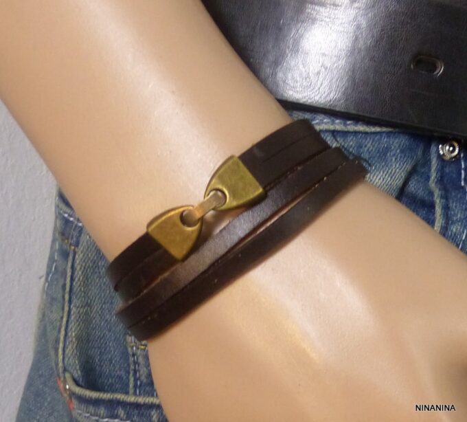 N2301tertera_Bracelet_homme_cuir_marron_fermoir_metal_bronze
