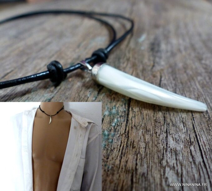 N2379c_Collier_homme_cordon_cuir_dent_de_tigre_nacre_-_Bijoux_Colliers_en_ligne_Ninanina