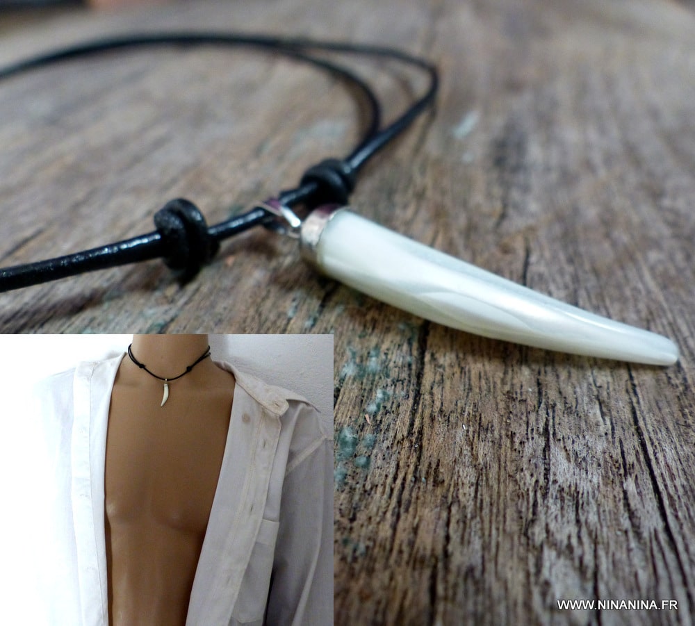Collier griffe de tigre nacre homme cordon cuir – Image 16