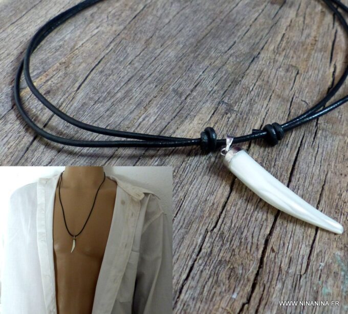 N2379e_Collier_homme_cordon_cuir_dent_de_tigre_nacre_-_Bijoux_Colliers_en_ligne_Ninanina