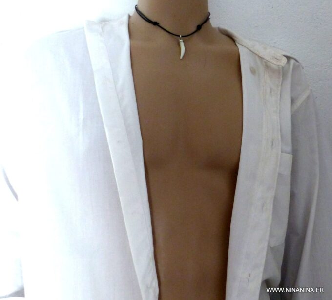 N2379f_Collier_homme_cordon_cuir_dent_de_tigre_nacre_-_Bijoux_Colliers_en_ligne_Ninanina