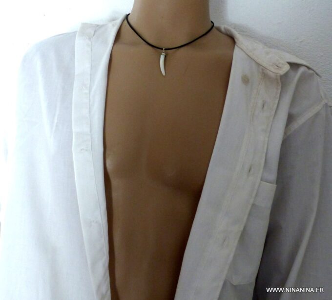 N2379i_Collier_homme_cordon_cuir_dent_de_tigre_nacre_-_Bijoux_Colliers_en_ligne_Ninanina