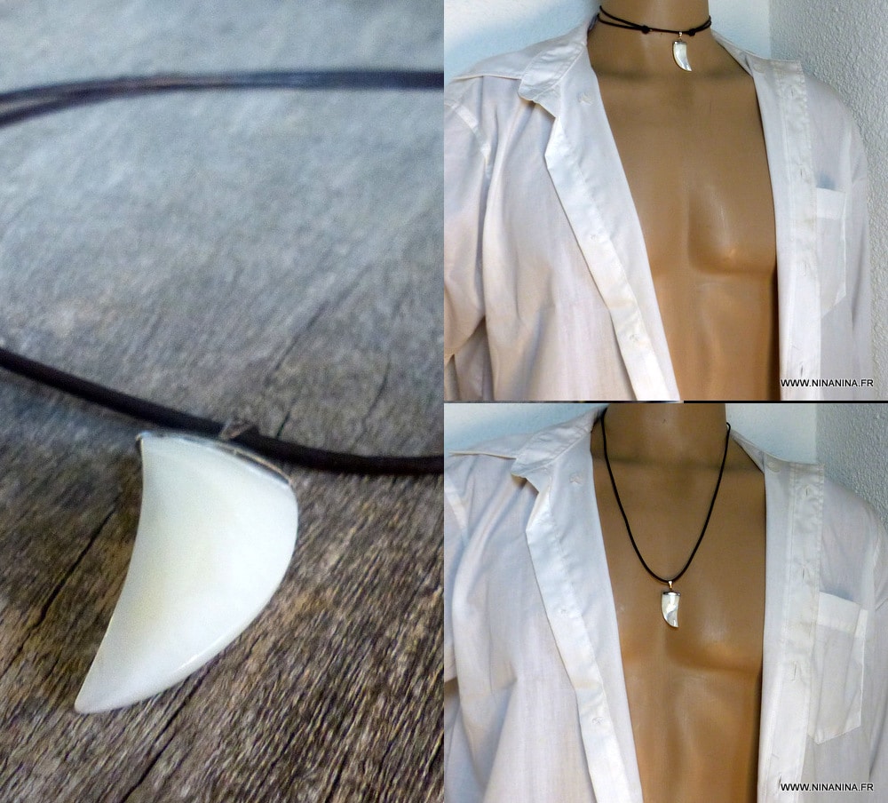 Collier dent de requin cordon cuir Et Nacre