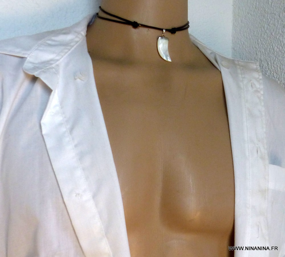 Collier dent de requin cordon cuir Et Nacre – Image 14
