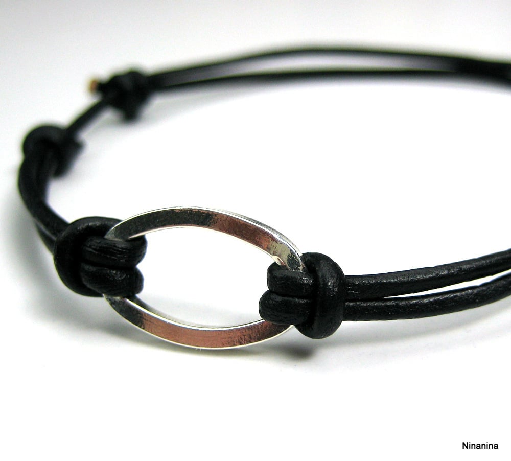 Bracelet homme cordon cuir anneau plaqué Argent