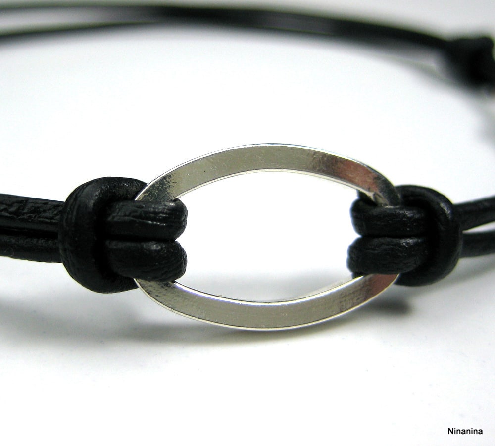 Bracelet homme cordon cuir anneau plaqué Argent – Image 3