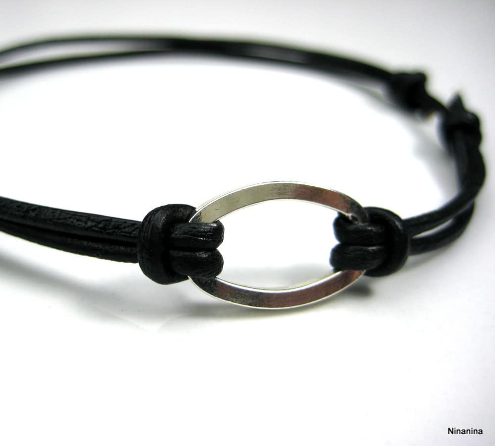 Bracelet homme cordon cuir anneau plaqué Argent – Image 5