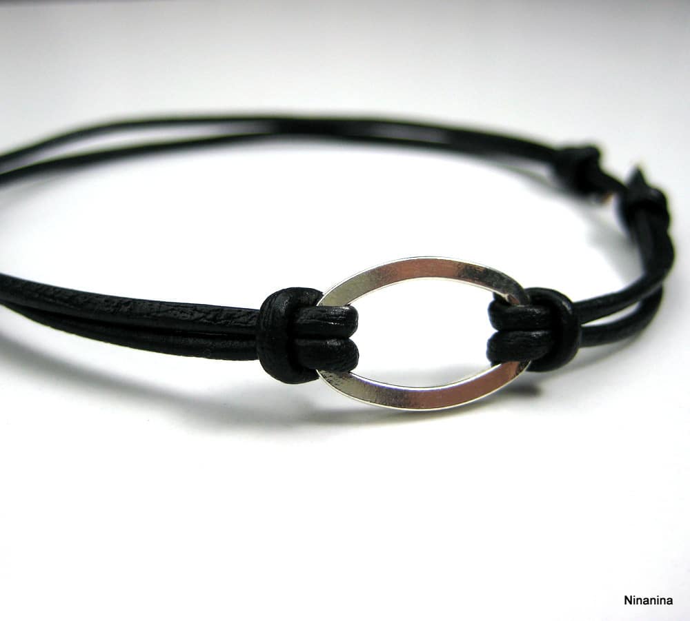 Bracelet homme cordon cuir anneau plaqué Argent – Image 7