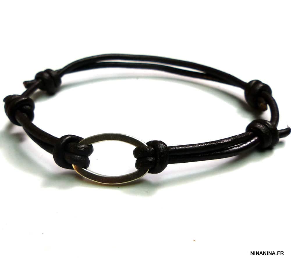 Bracelet cordon cuir anneau ovale métal argenté – Image 3