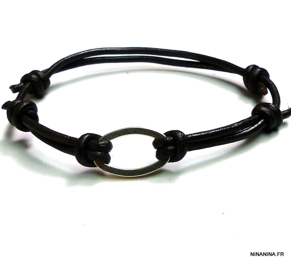 Bracelet cordon cuir anneau ovale métal argenté – Image 5