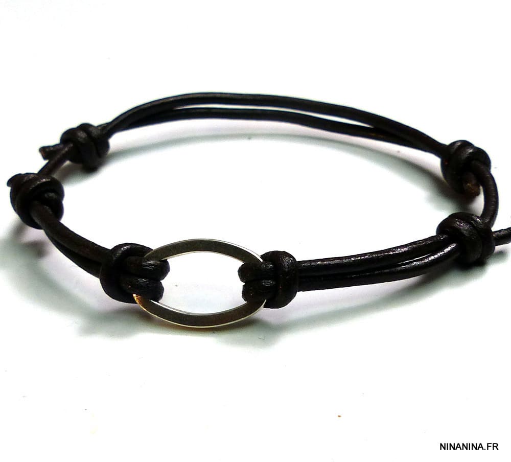 Bracelet cordon cuir anneau ovale métal argenté – Image 7