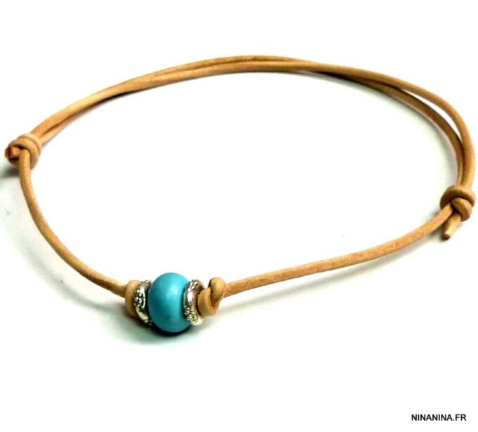 N2435terc_Bracelet_cordon_cuir_argent_massif_turquoise