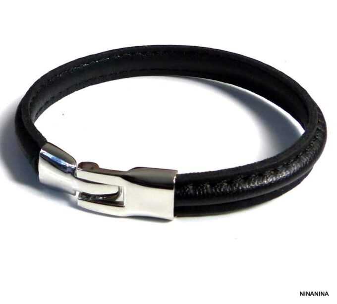 N2439terd_Bracelet_homme_cuir_demi-rond_noir_surpique_fermoir_metal_argent
