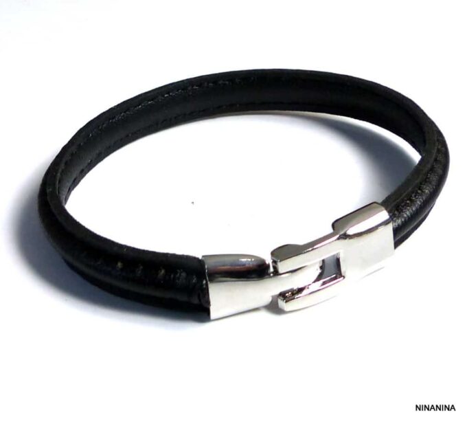 N2439terg_Bracelet_homme_cuir_demi-rond_noir_surpique_fermoir_metal_argent