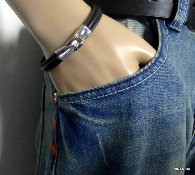 N2439terh_Bracelet_homme_cuir_demi-rond_noir_surpique_fermoir_metal_argent