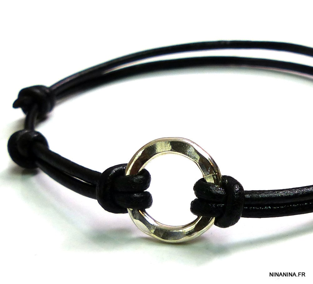 Bracelet Cordon Anneau Argent Massif Martelé Et Cuir