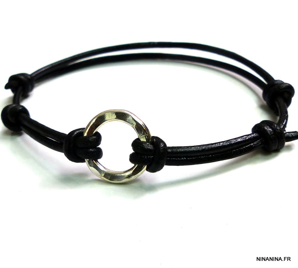 Bracelet Cordon Anneau Argent Massif Martelé Et Cuir – Image 3