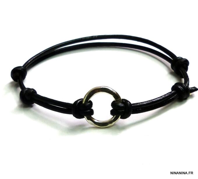 N2453terb_Bracelet_cordon_cuir_anneau_argent_massif_martele