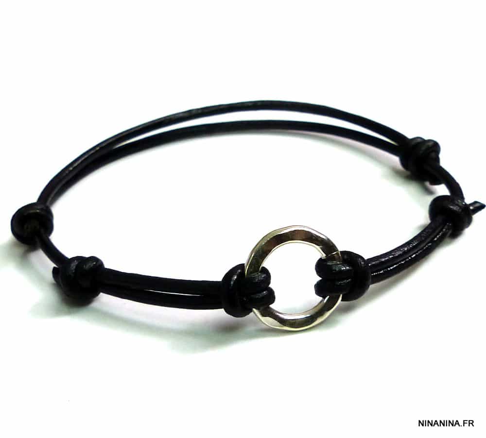 Bracelet Cordon Anneau Argent Massif Martelé Et Cuir – Image 7