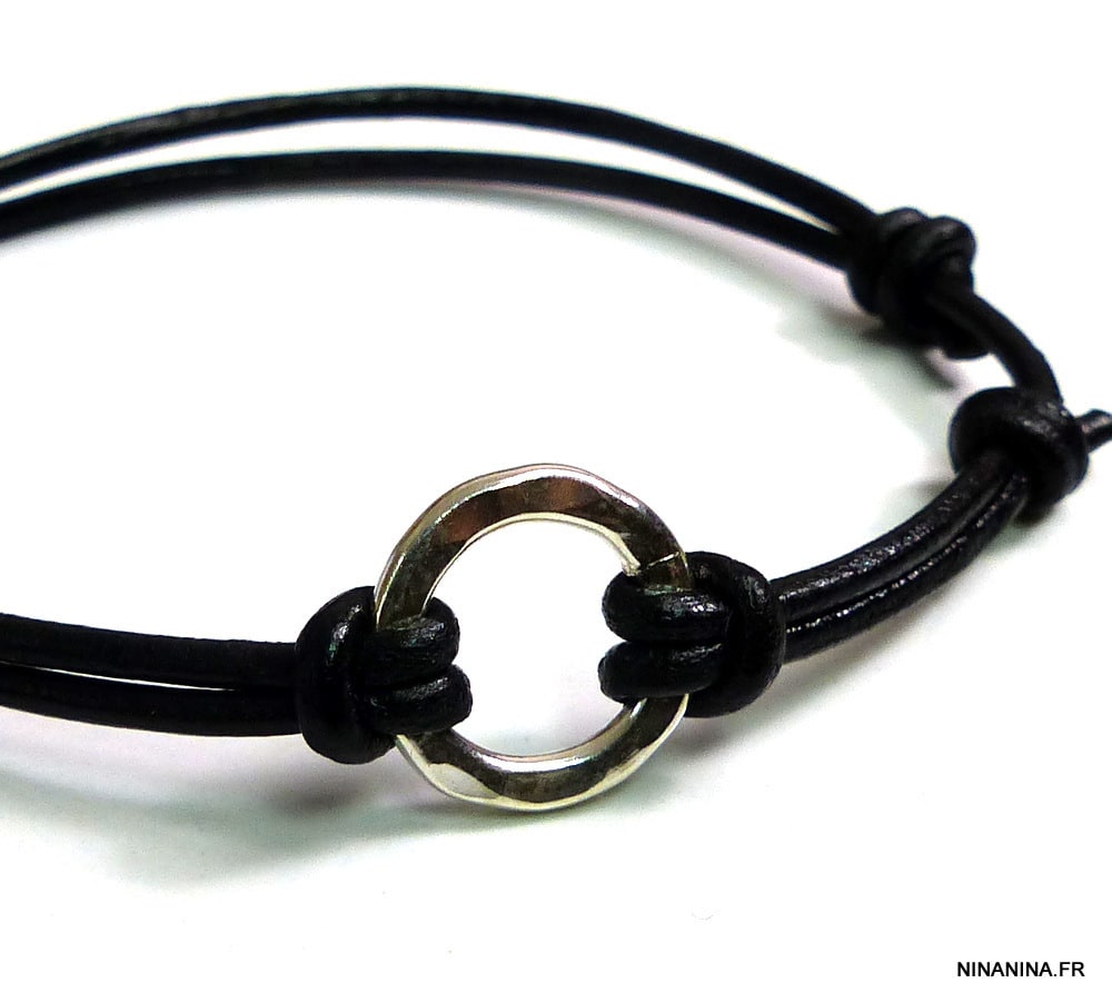 Bracelet Cordon Anneau Argent Massif Martelé Et Cuir – Image 5