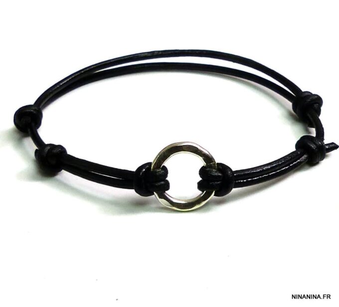 N2453terf_Bracelet_cordon_cuir_anneau_argent_massif_martele