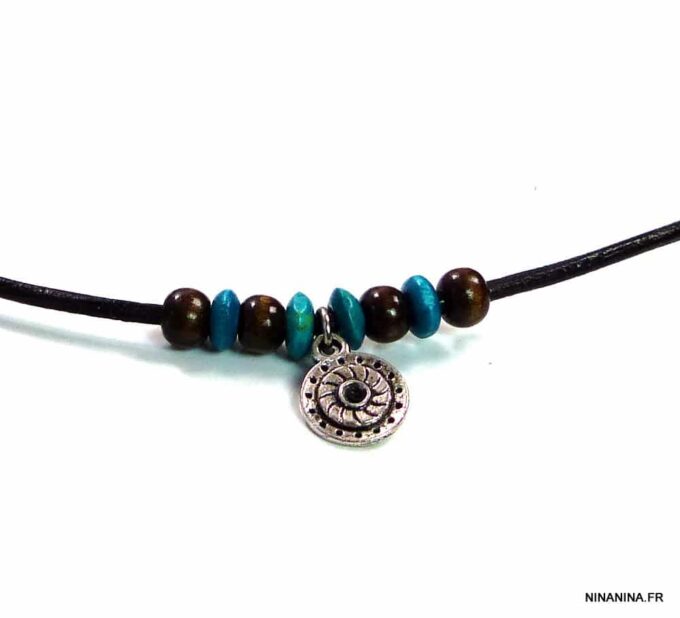 N2458terb_collier_cordon_cuir_perles_bois_turquoise