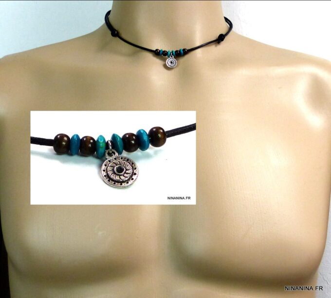 N2458terd_collier_cordon_cuir_perles_bois_turquoise