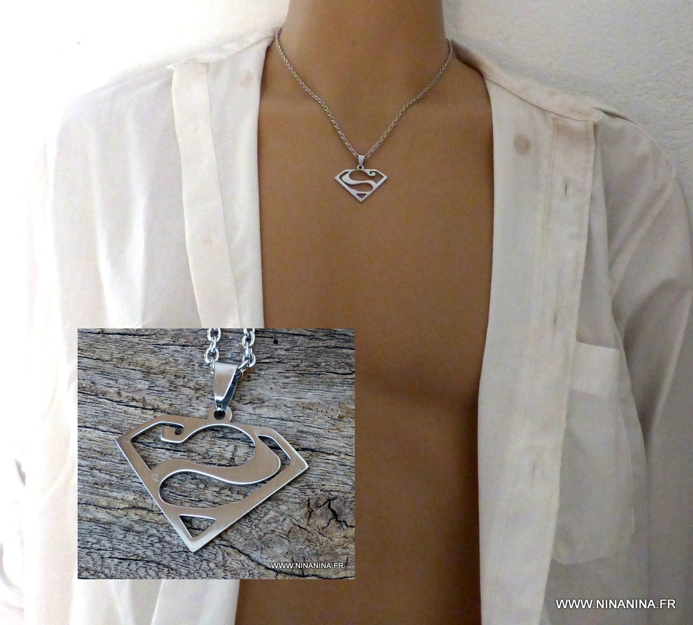 Collier homme Acier argenté pendentif superman – Image 11