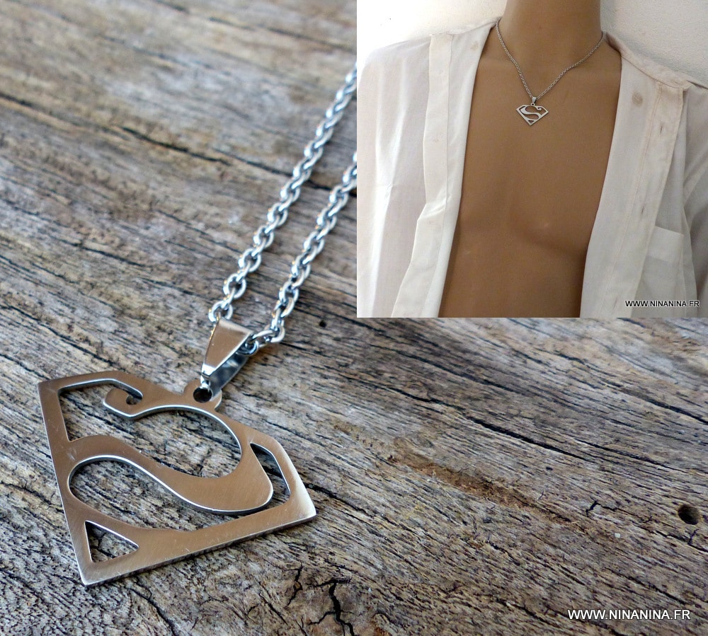 Collier homme Acier argenté pendentif superman – Image 5
