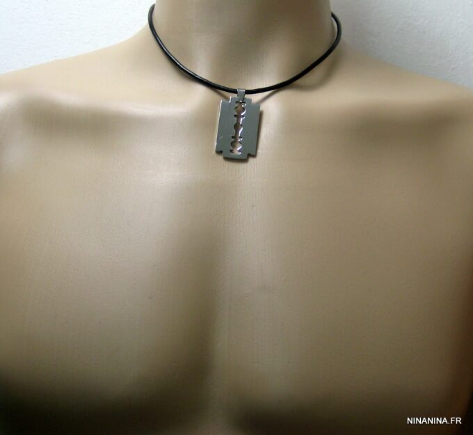 N2482terb_collier_cuir_lame_de_rasoir_acier_inoxydable